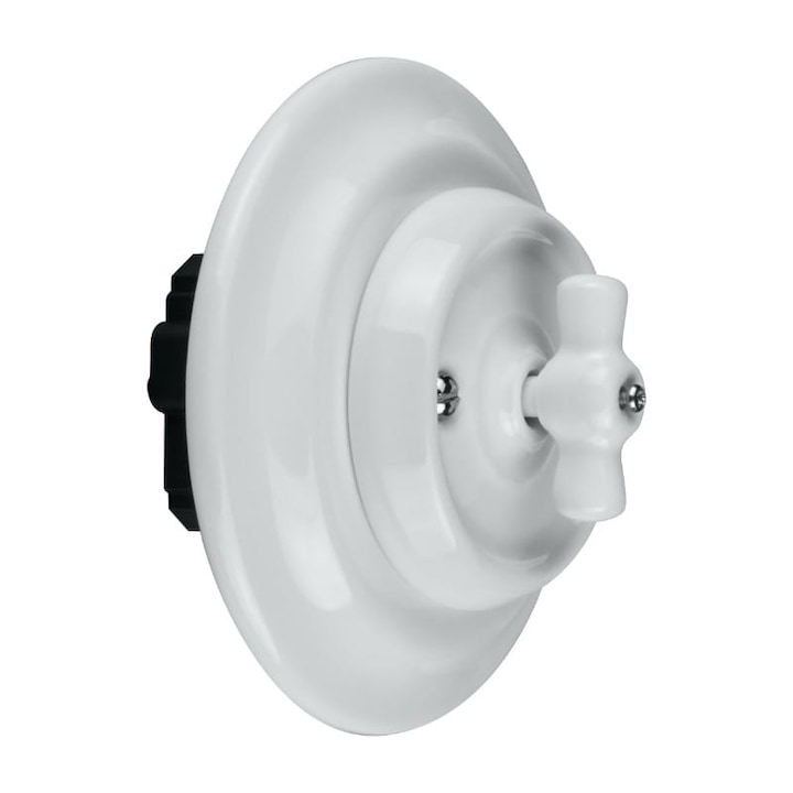 Intrerupator Rotativ Rotund din Ceramica Cap-Scara Retro Incastrat cu Rama ALB Interior IP20 Ø10, 1 x 3, 6cm DPM