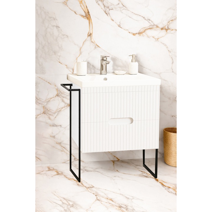 Set mobilier baie MDF Kit baza cu lavoar, BadenMob, seria 709, 60x91x46cm, Cadru metalic, cu Sertare, Alb