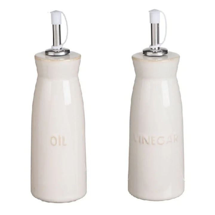 Set 2 recipiente ceramice pentru ulei/otet, cu picurator, Bami, bej, 230 ml