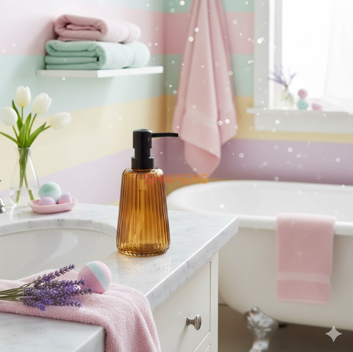 Csíkos borostyán üveg folyékony szappanadagoló 300 ml fekete pumpával mosdóhoz, szaniter helyiségekbe