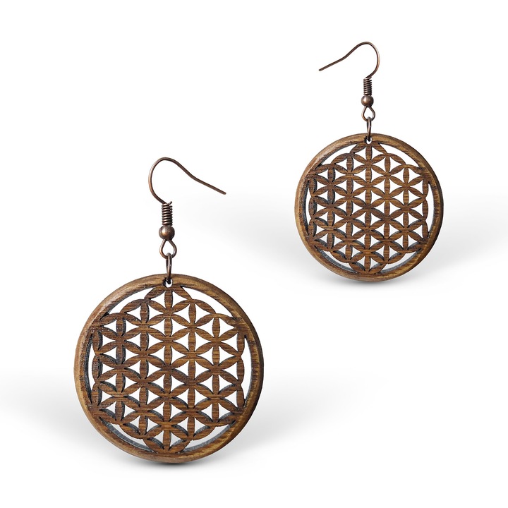 Cercei amuleta din Lemn - Floarea Vietii - Flower of Life