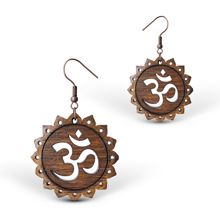 Cercei amuleta din Lemn cu Simbolul OHM nuc