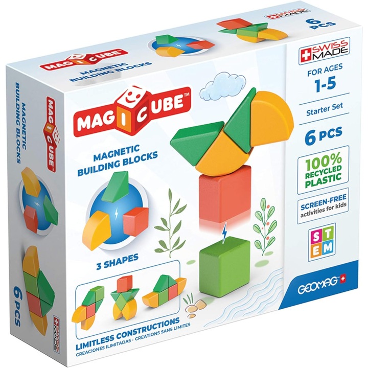 GEOMAG Magicube 1+ Shapes: Cuburi magnetice 6 buc, 4 culori, 1-5 ani