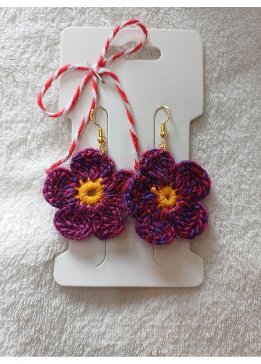 Cercei Floricele mov cu roz și centru galben, croșetați manual, set