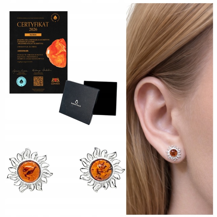 Cercei soare, argint 925, chihlimbar natural coniac, dimensiuni 11, 6x11, 6mm