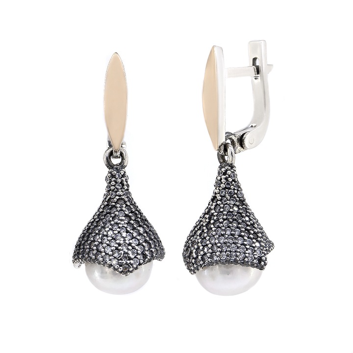 Cercei Noblino argint 925 cu ornamente aur, perle naturale, 30mm