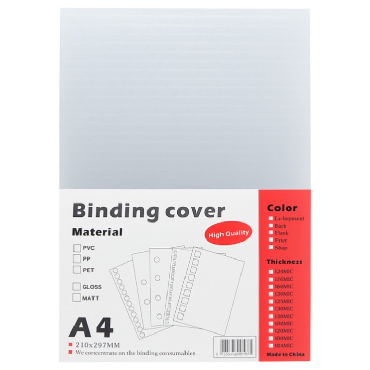 Комплект 100 корици А4, матова пластмаса 180 микрона, антирефлексни, Произведени в Китай