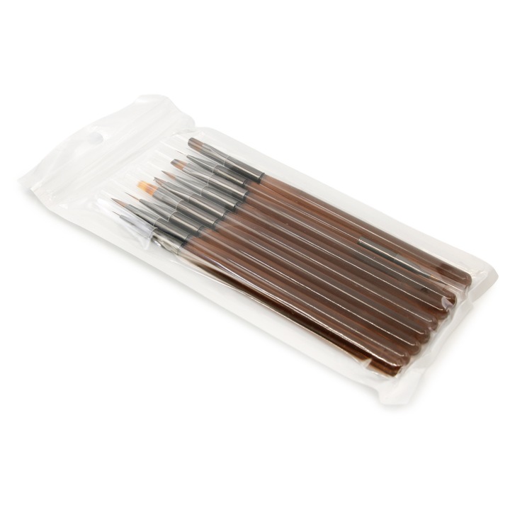 Комплект четки за нокти Global Fashion, 9 броя, кафяви дръжки, за прецизни детайли