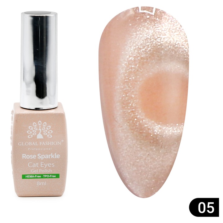 Полуперманентен лак за нокти Global Fashion Cat Eye Rose Sparkle 8 мл, магнитен ефект, гланц