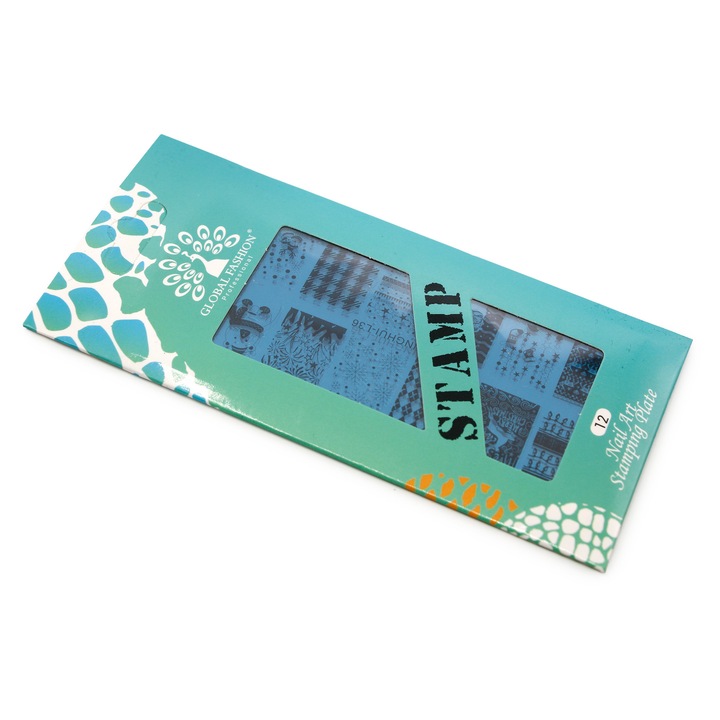 Matriță pentru ștampilă unghii Anul Nou, Global Fashion, 12 designuri, metalică, 5x6.5 cm