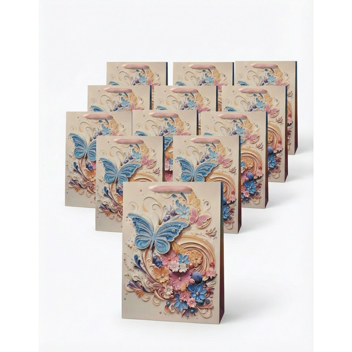 Set 12 Pungi Cadou eldepo, Marime S, Design Floral 3D, Carton Premium 23x18x10 cm, Maner din Panglica Satinata, Multicolor