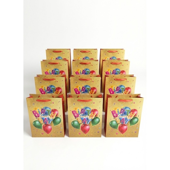 Set 12 Pungi Cadou Premium "Happy Birthday", Marime S (23x18x10 cm), Design 3D cu Baloane si Textura Aurie
