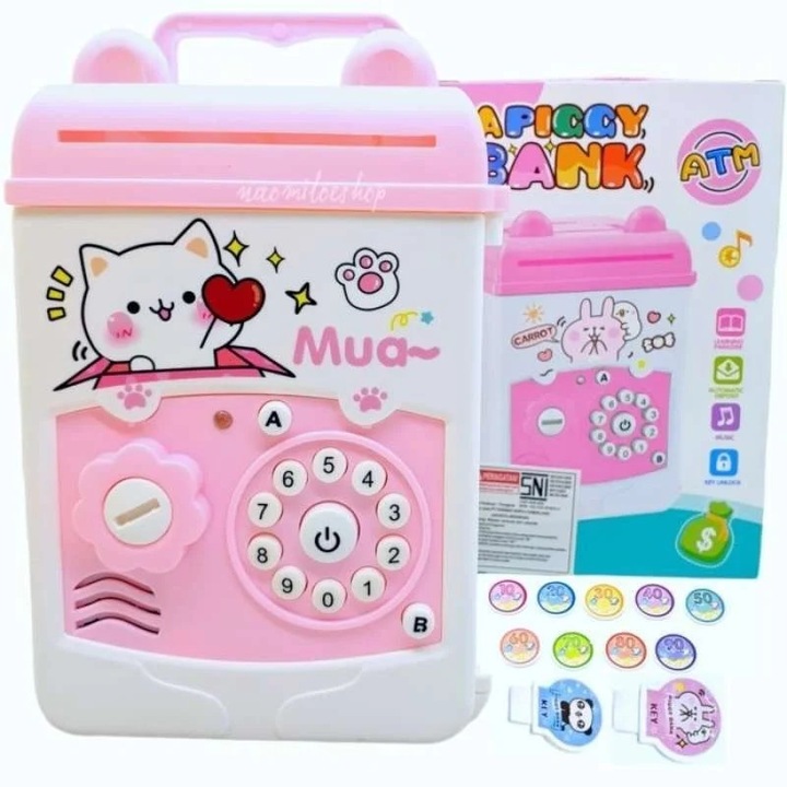 Pusculiță interactivă pentru economii Dactylion, tip Piggy Box, alb/roz, 17x11.5x10cm, cu acces pe cheie