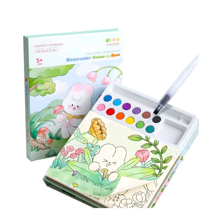 Set Carte de Colorat cu Acuarela, Cyrax, Model Iepure, 20 Foi de Carton 200 gr, 12 Culori, 1 Pensula, 15.7 x 18.8 x 1.8 cm, Alb