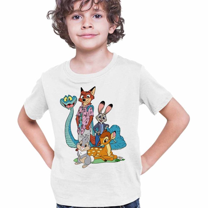 Tricou Copii Baieti Bambi Zootopia Iepuras Sarpe Vulpe, Fehér
