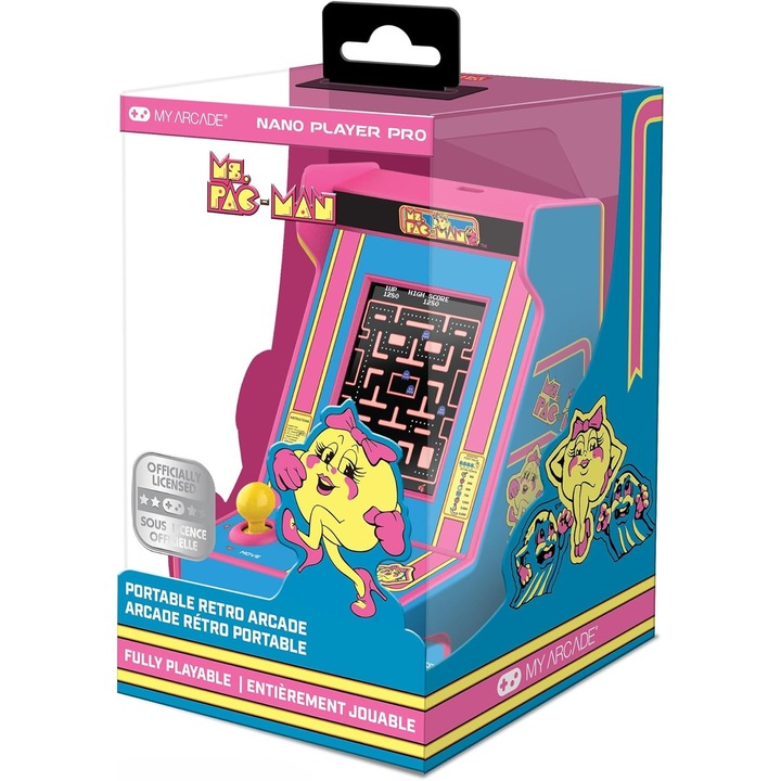 Consolă portabilă My Arcade Ms. PAC-MAN, ecran color 2, 4 inci, design retro, alimentare baterii/USB-C