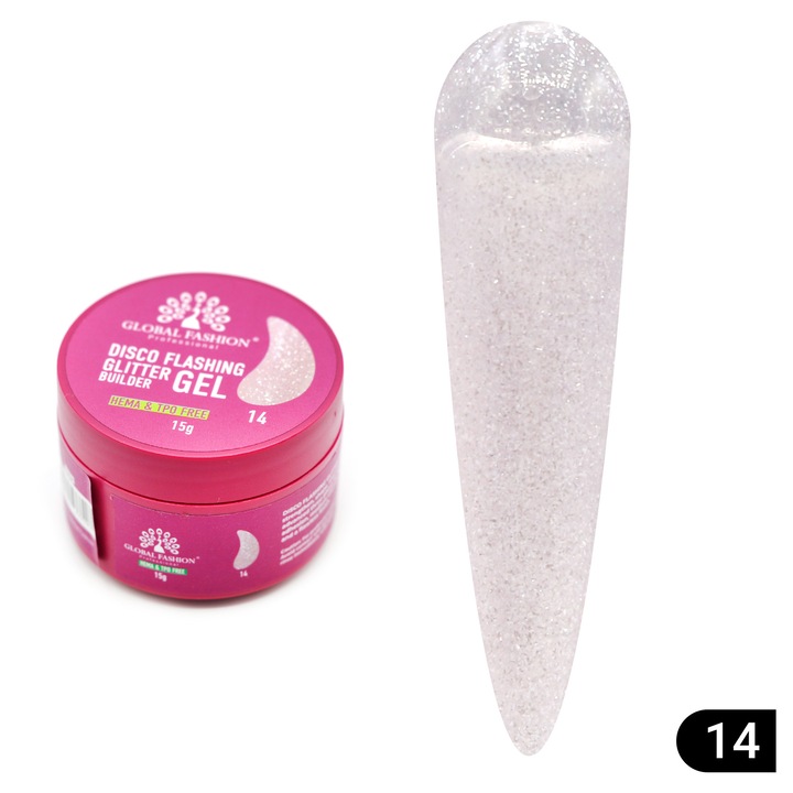 UV гел за моделиране на нокти, Global Fashion Disco Flashing Glitter, брокат, 15 гр