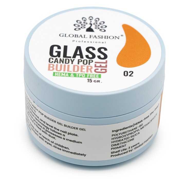 Гел за изграждане на нокти, Global Fashion, Glass Candy Pop Builder Gel 02, полупрозрачен цветен, 15гр