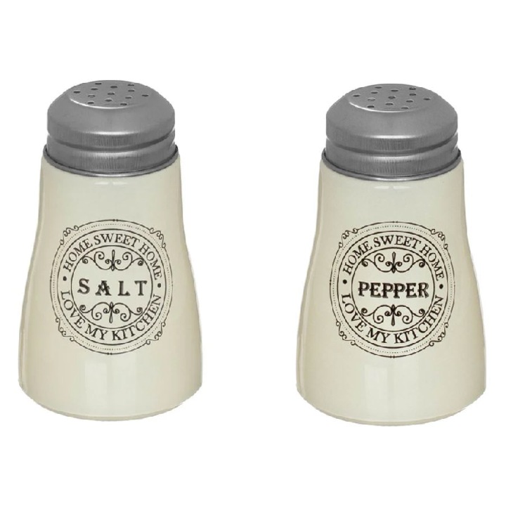 Set 2 recipiente sare/piper din sticla, ''Home sweet home'', Alb, 5.5x10cm