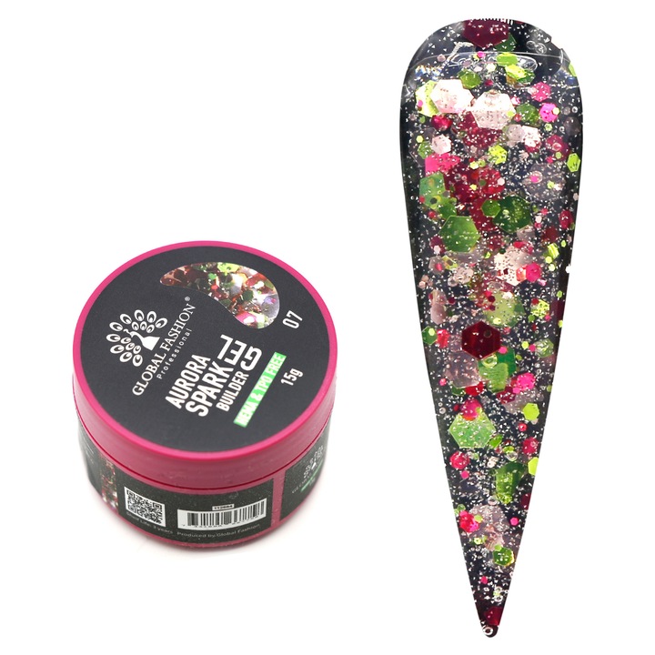 Gel de modelare unghii UV, Global Fashion, Aurora Spark Builder Gel 07, glitter, 15 g