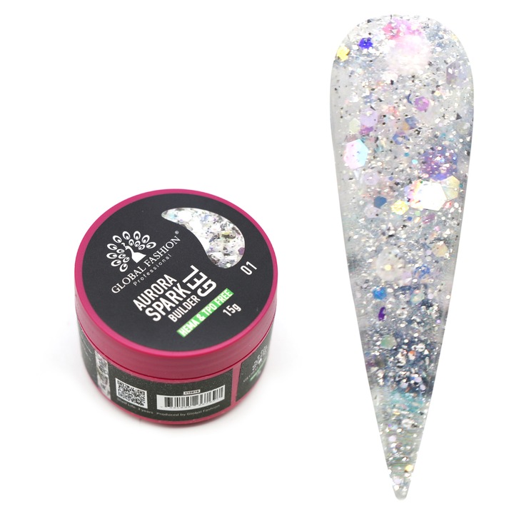 UV гел за моделиране на нокти, Global Fashion, Aurora Spark Builder Gel 01, брокат, 15гр