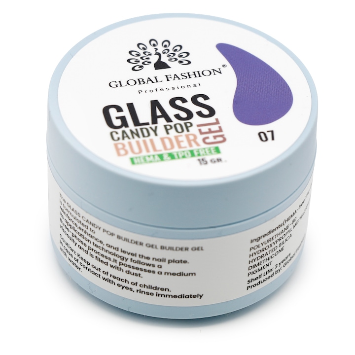 Конструктор гел Global Fashion Glass Candy Pop Builder Gel 07, 15 гр, прозрачен оцветен, ефект "стъкло/бонбон"