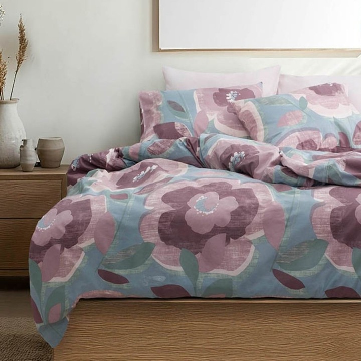 Ágynemű garnitúra kétszemélyes ágyra, 100% pamut ranforce, 240x260 cm, 4 részes, Bahar Tekstil, Jilda Slate virágmintás