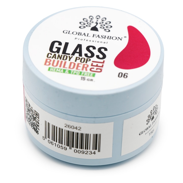 UV гел за изграждане 15 гр., Global Fashion Glass Candy Pop Builder Gel 06, полупрозрачен цветен, ефект стъкло/бонбон