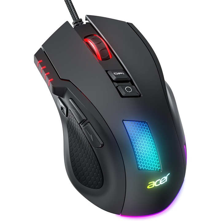 Mouse Gaming Acer cu fir, 12800 DPI, 8 butoane programabile si macrocomenzi, buton declansare rapida reglabil, ergonomic cu suport silicon, RGB 12 presetari, rata interogare 1000 Hz – Ideal PC si Laptop