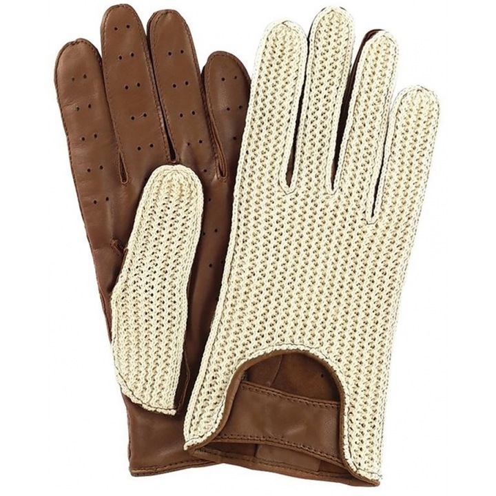 Manusi de condus Simoni Racing, vintage, din piele maro/tricot, marimea M