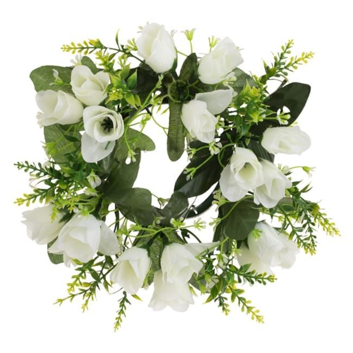 Coronita Decorativa Primavara VENITIVO® Flori Albe si Frunze Verzi Ø23 cm Decor Usa Perete Paste