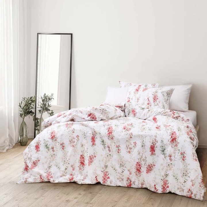 Dupla ágynemű, 100% ranforce pamut, 240x260 cm, 4 részes, Bahar Tekstil, Pelen Kirmizi virágmintás