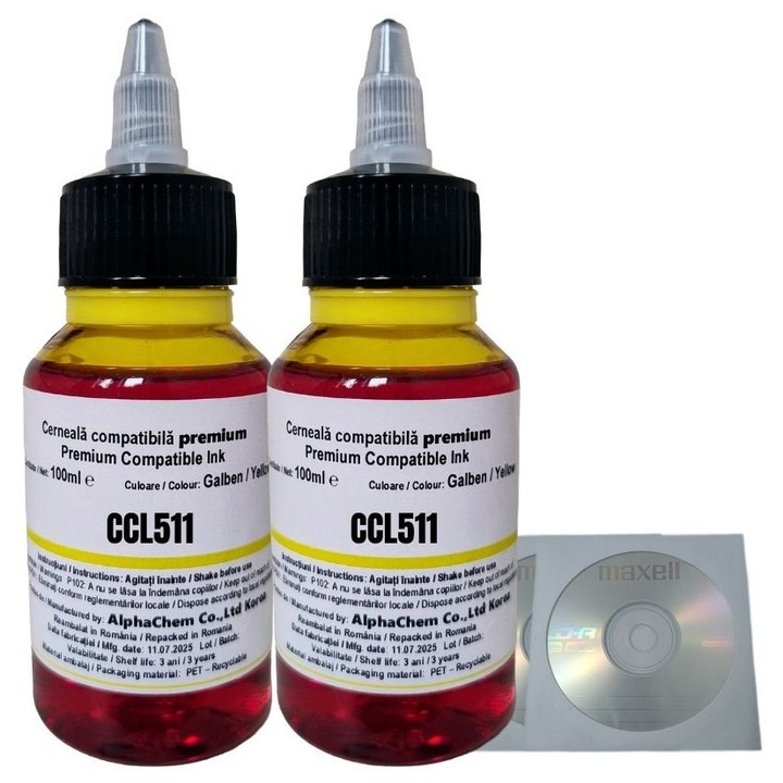 Pachet Flacon Cerneala AlphaChem Compatibil Canon 2x100ml CL-511Y Galben si 2 Cdr Maxell cu plic