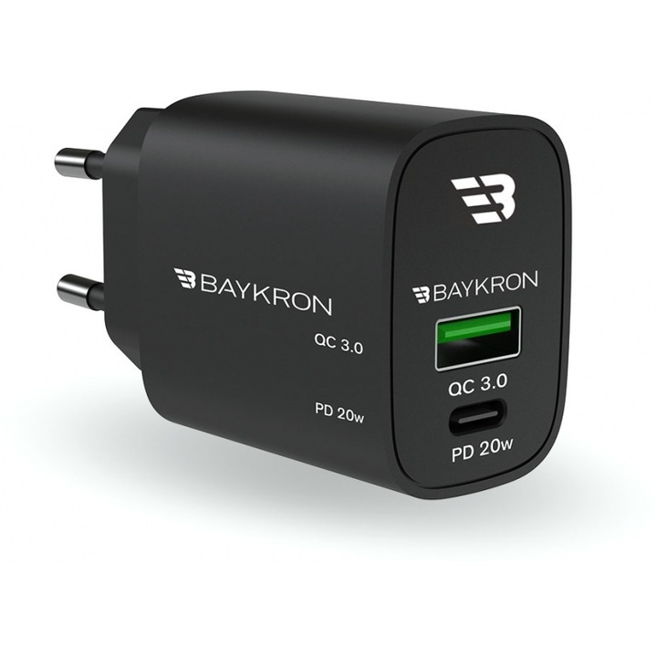 Incarcator telefon Baykron, adaptor de perete Smart, USB A si Type-C, 20W Power Delivery, 36W QC3.0, color negru