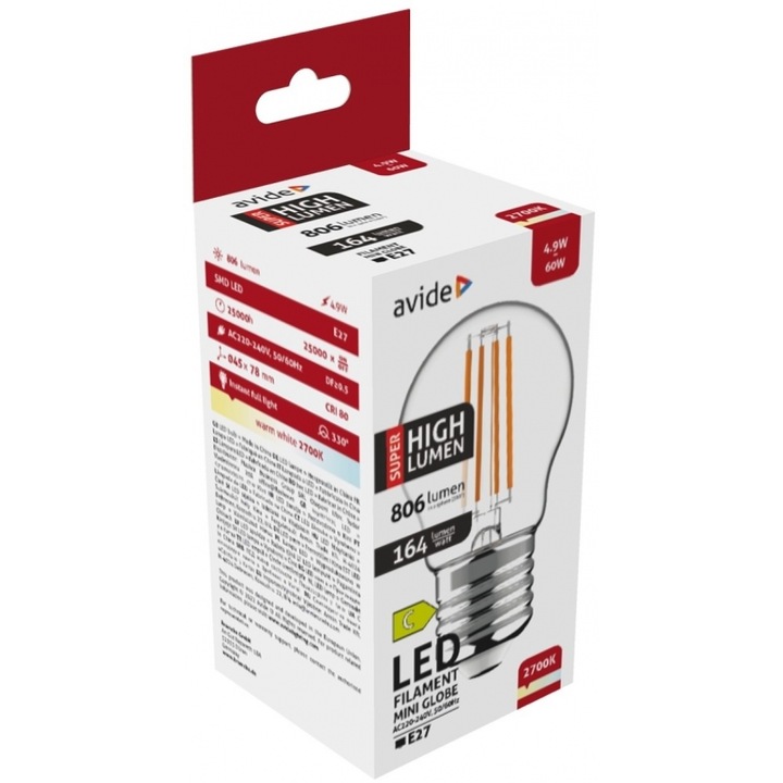 Bec LED Filament Avide 4.9W E27 2700K