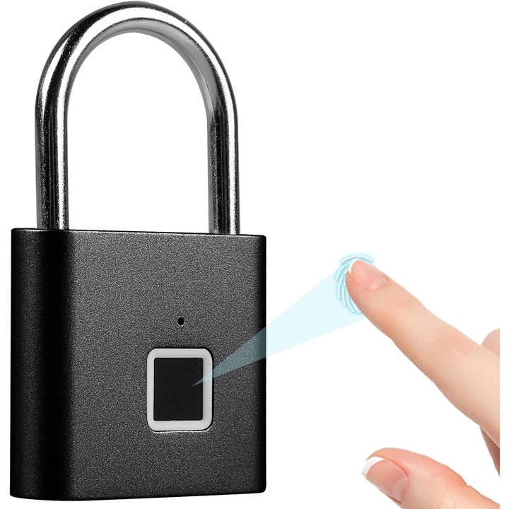Lacat amprenta, rezistent apa, USB reincarcabil, negru, compact