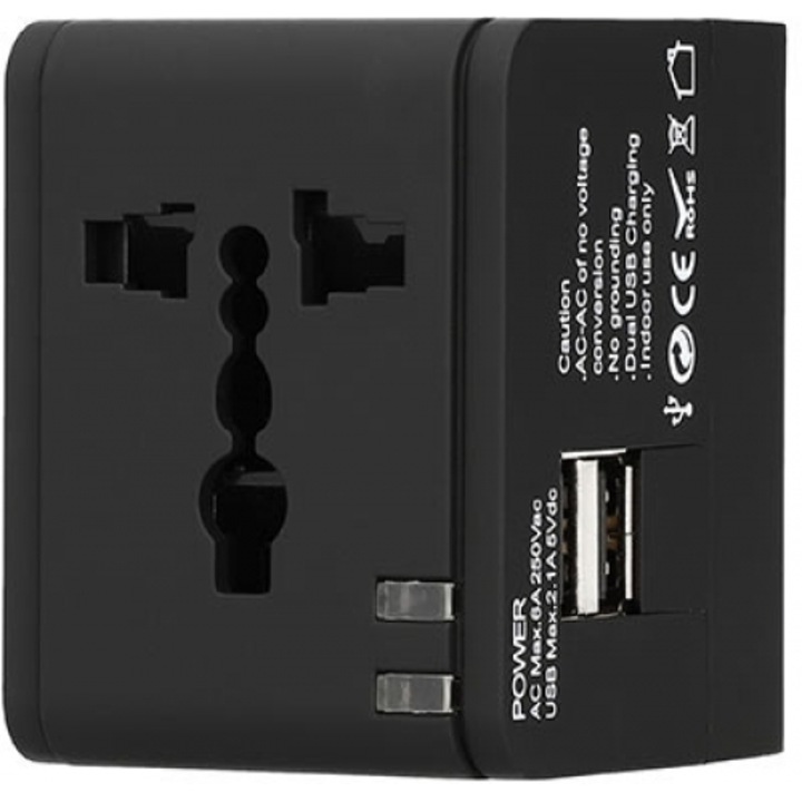 Adaptor de calatorie, universal, LAMTECH, cu 2 porturi USB, 6A, negru