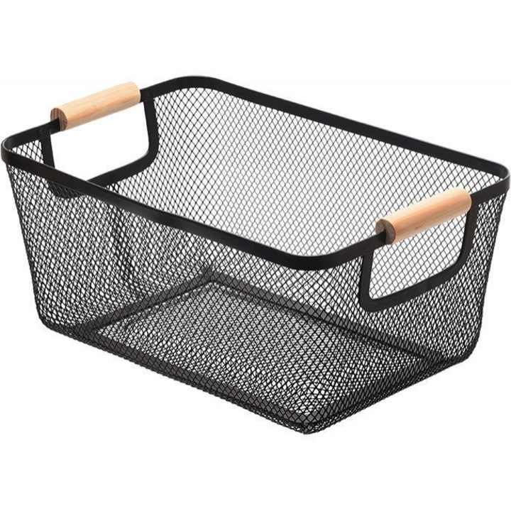 Cos pentru organizare Estia, 30x21x14cm, negru, metal, cu manere din lemn