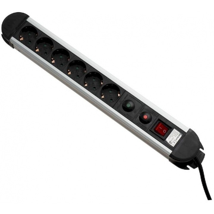 Prelungitor Geyer & Hosaja, 2m, 6 prize, negru/argintiu, cu protectie