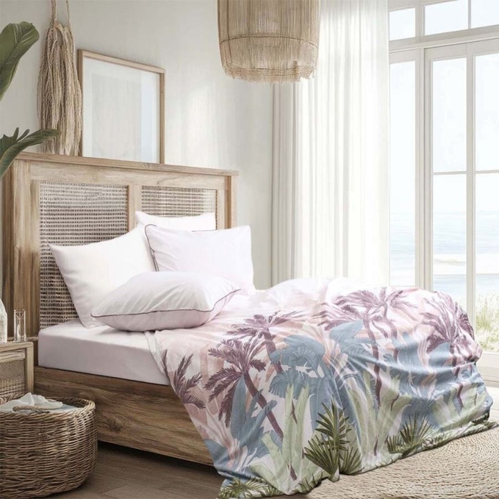 Kétszemélyes ágynemű garnitúra trópusi mintával, 100% pamut ranforce, 240x260 cm, 4 részes, Bahar Tekstil, Palmera Garnet