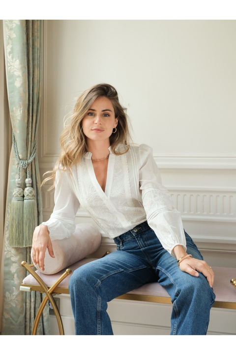 Бяла памучна риза с бродерия B-4933T M9 12227, Бежов