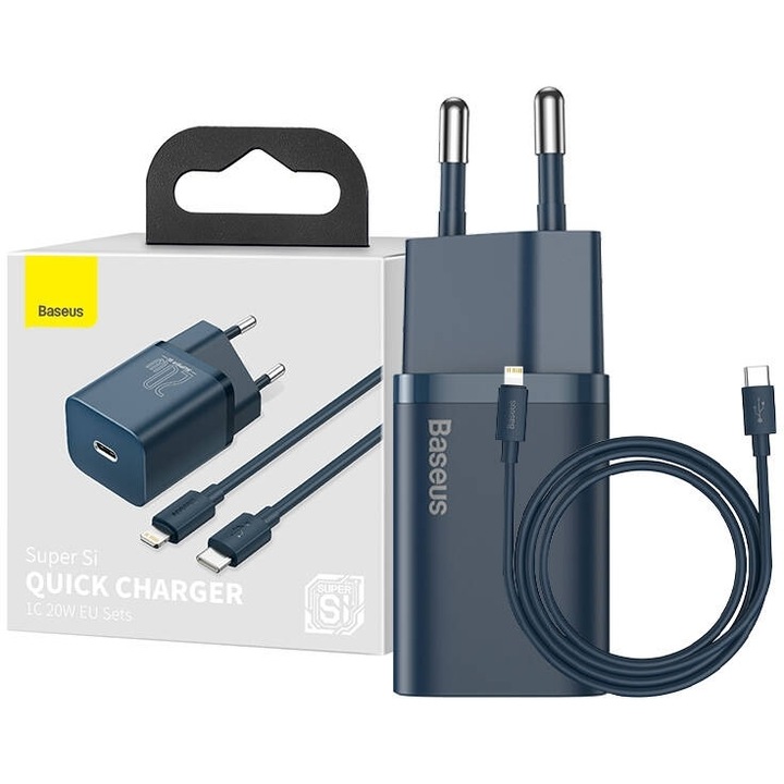 Incarcator telefon Baseus Gregoros Phortistes Super Si 1C 20W USB-C la Lightning 1m, albastru