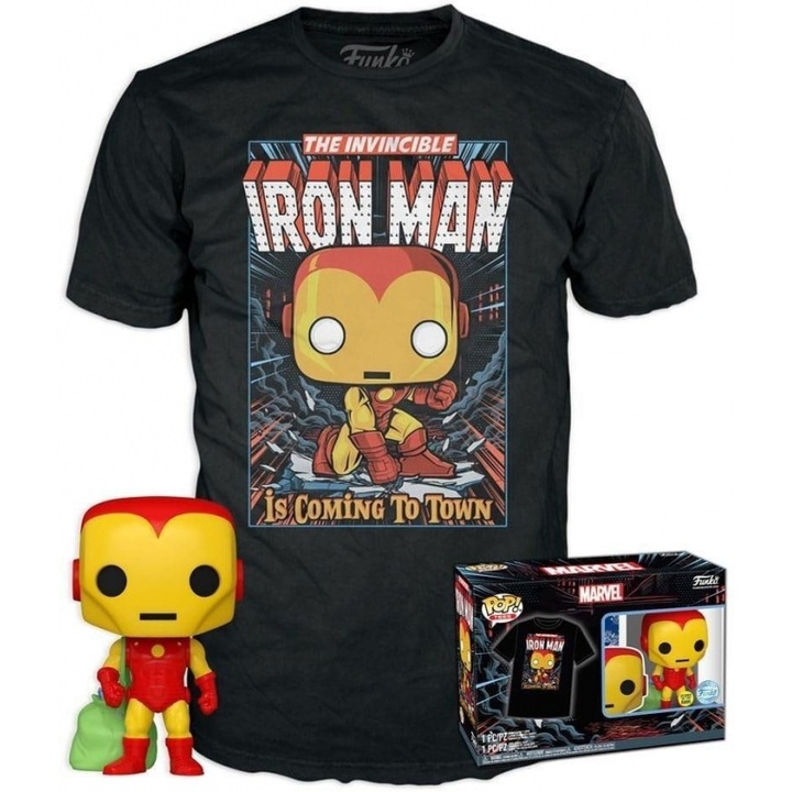 Комплект Funko Pop! & Тениска: Marvel - Holiday Iron Man, светещ в тъмното, размер S