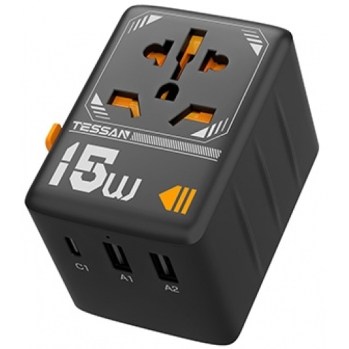 Adaptor de calatorie universal TESSAN, 2xUSB, 1xtip-C, 15W