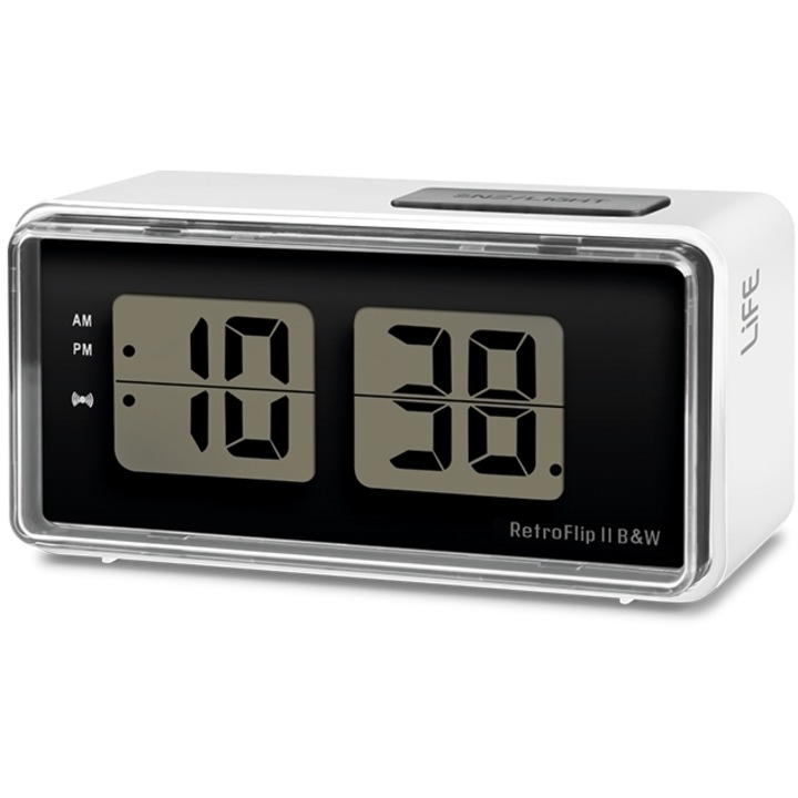 Ceas decorativ LIFE RETROFLIP II B&W, design retro flip, cu ecran LCD, alb-negru