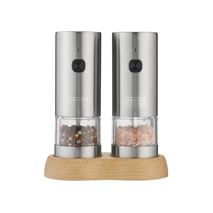 Set 2 rasnite electrice reincarcabile pentru sare/piper/condimente Caso Germany, cu iluminare LED, rasnita ceramica, cablu USB-C inclus, material otel inoxidabil, suport din lemn de fag, inox