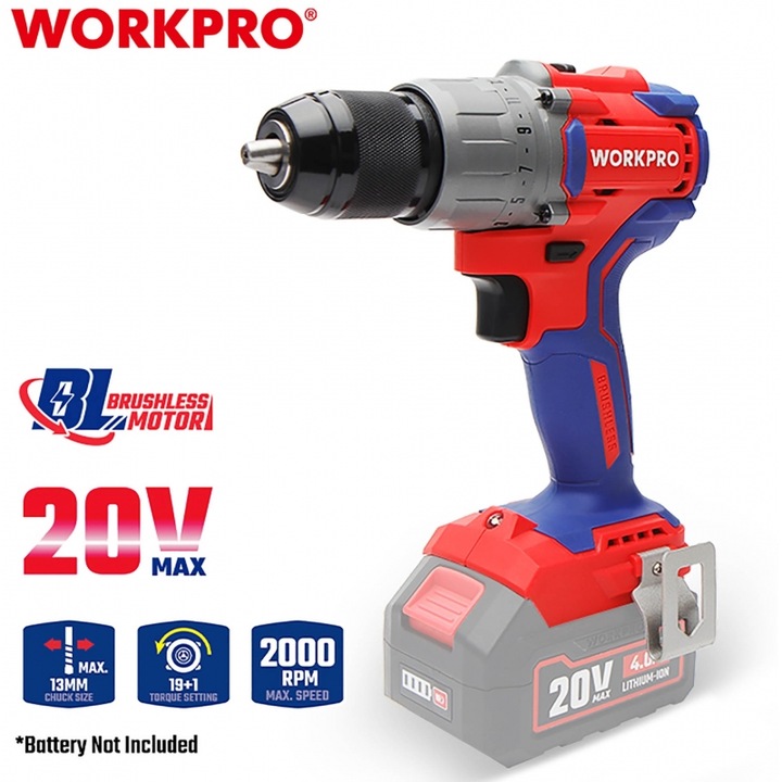 Masina de gaurit si insurubat WORKPRO 20V, model WP390000, culoare negru, set BL SOLO