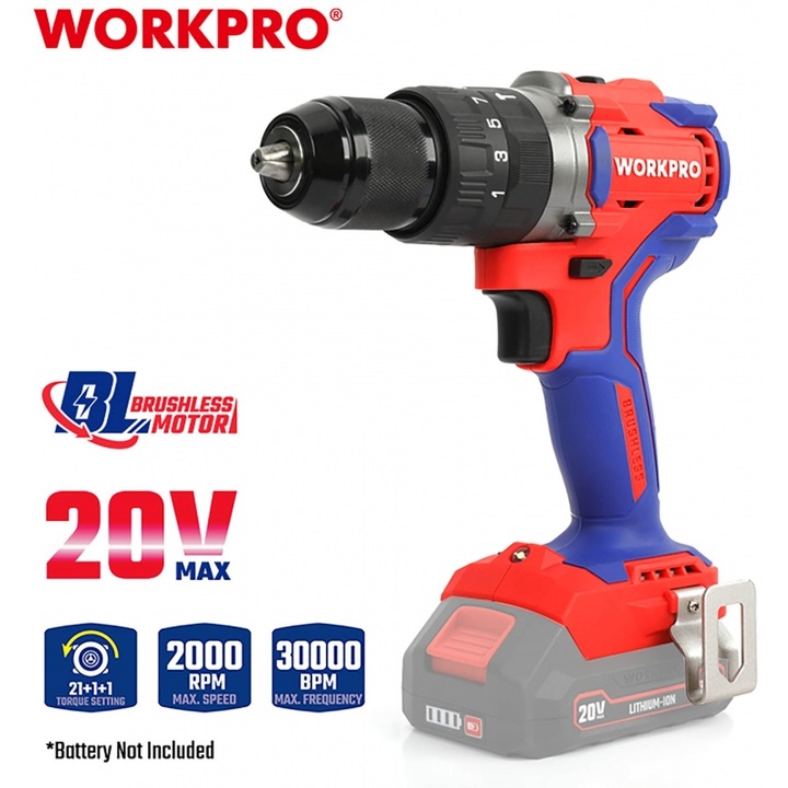 Masina de gaurit si insurubat WORKPRO 20V, model WP390005, culoare negru, set solo