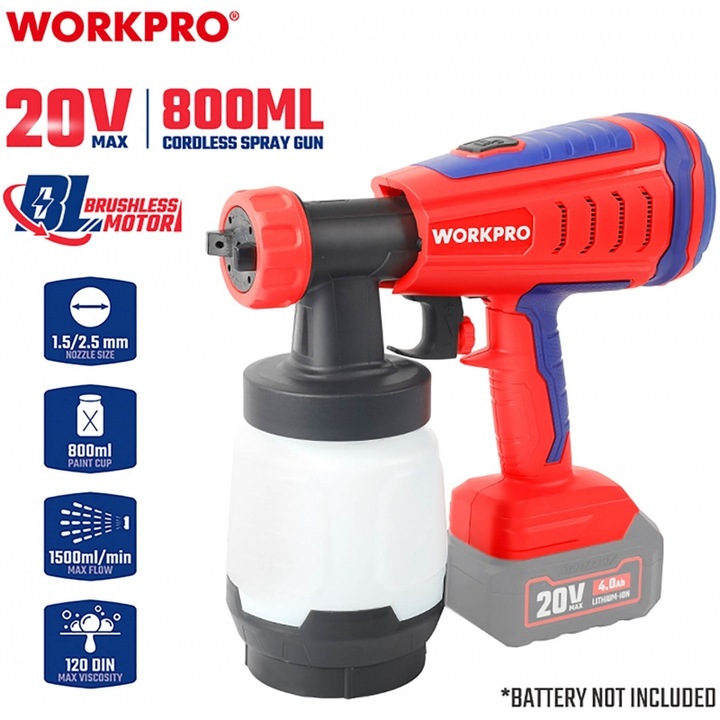 Pistol de vopsit WORKPRO 20V-Li, fara fir, model WP397010