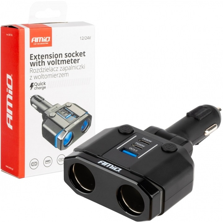 Antaptor auto Amio 12/24V cu voltmetru si 3 prize USB